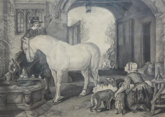 After Landseer, pencil drawing, Watering horses at an inn, 49 x 62cm